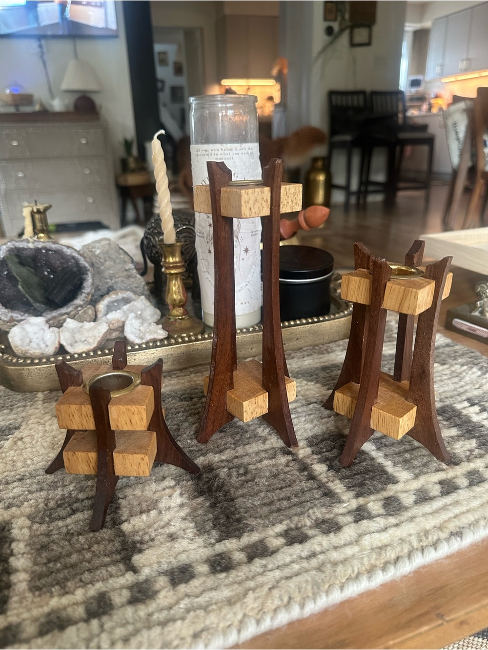 Vintage MCM Two-Tone Wood Candle Holders set of 3 small chip minor wear 3 5 7”